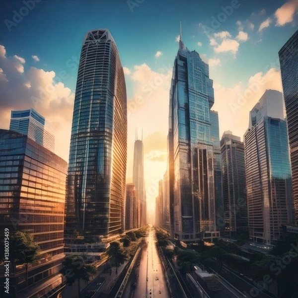 Fototapeta A scenic cityscape showing sharp architectural details of modern skyscrapers.