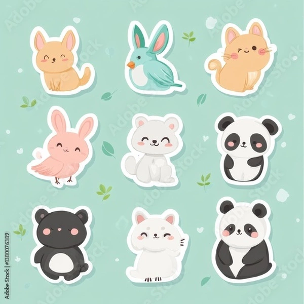 Fototapeta Cute cartoon animal sticker pack featuring playful cats, dogs, bunnies, pandas, and birds on a soft pastel background