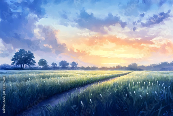 Fototapeta Awakening Horizon: A Peaceful Dawn Over an Expansive Field with Glistening Grasses and Silhouetted Trees