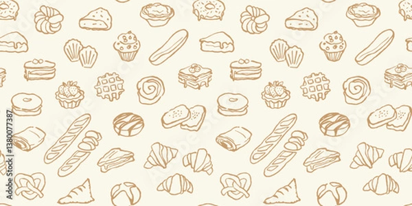 Fototapeta Pastry pattern, seamless background with hand drawn bakery products.