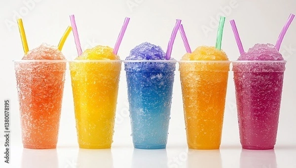 Fototapeta Five colorful frozen treats in clear cups with straws. Refreshing summer drinks!
