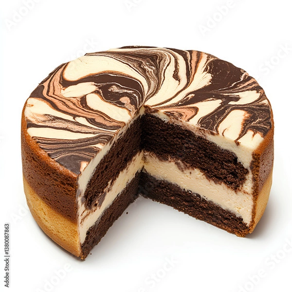 Fototapeta a magnificent round cake with chocolate and vanilla marbling, on a white background, cut in half,