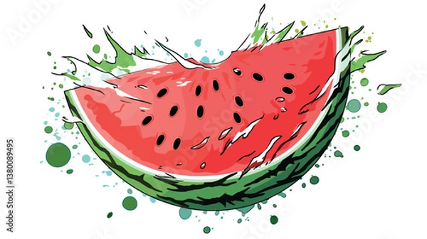 Fototapeta Colorful watermelon slice with splash effects on white background flat vector illustration