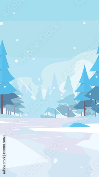 Fototapeta Serene winter wonderland with snowy pine trees in tranquil forest flat vector illustration