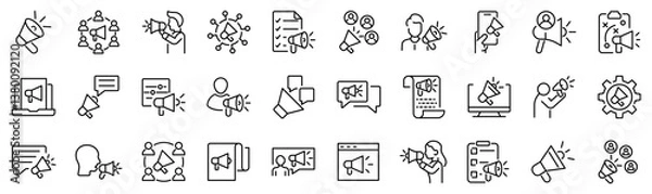 Obraz Set of 30 outline icons related to pr, public relations. Linear icon collection. Editable stroke. Vector illustration