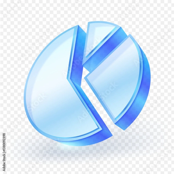 Fototapeta 3D glossy blue pie chart icon with transparent glass effect. Business and finance infographic element. Modern data visualization symbol isolated on transparent background. Vector illustration file.
