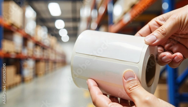 Fototapeta Hands holding a roll of adhesive labels in a warehouse for blogs, websites, office supplies, e-commerce visuals, inventory management resources, and logistics presentations