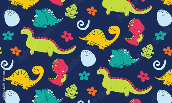 Fototapeta Vector childish seamless pattern with cartoon dinosaurs. Ideal for baby clothes, textiles, wallpaper, wrapping paper. Fun and lively dinosaur character repeat design.