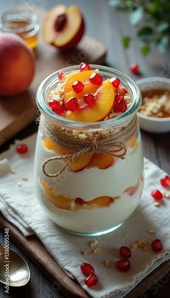 Fototapeta Homemade peach and pomegranate yogurt parfait with granola in glass jar, breakfast food photography