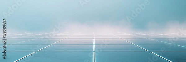 Fototapeta Minimal futuristic grid surface with glowing blue lines in mist