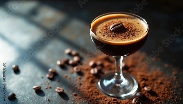 Obraz Elegant Espresso Martini in Coupe Glass Garnished with Coffee Bean on Dark Surface