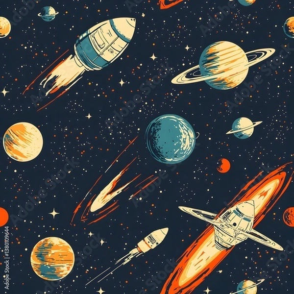 Fototapeta A vibrant retro-styled seamless pattern depicting a deep space observatory scene with rockets, planets, and stars, perfect for textile designs and space-themed projects showcasing