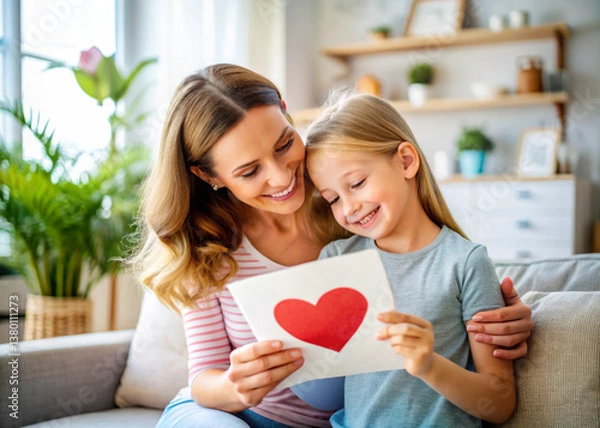 Fototapeta Mother and Daughter Sharing a Heartfelt Moment with a Handmade Greeting Card in a Warm Home
