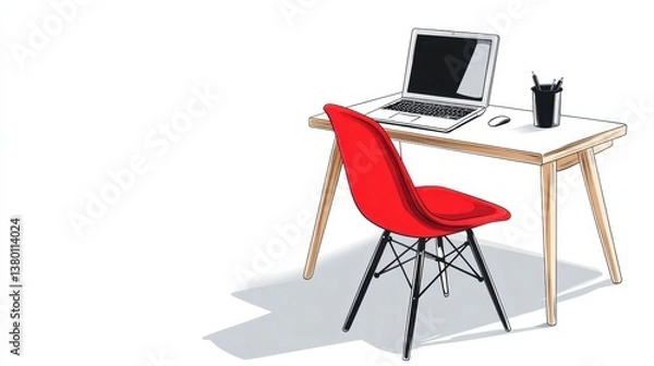 Fototapeta Red chair at a minimalist wooden desk with laptop and coffee cup, bright workspace. 