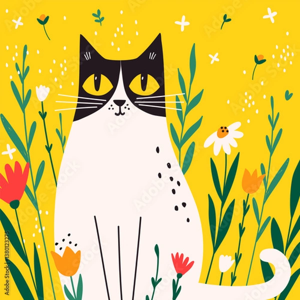 Fototapeta Card with cute cat in flowers on yellow backgrounds. Vector