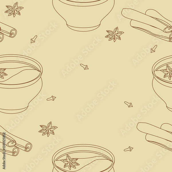 Fototapeta Editable Seamless Pattern of Outline Style Indian Masala Chai in Pottery Cup with Assorted Herb Spices Vector Illustration for Creating Background of Beverages With South Asian Culture and Tradition