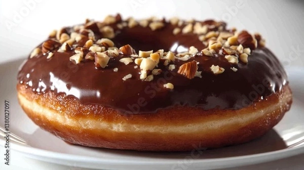 Obraz Glazed Chocolate Donut with Chopped Nuts on a White Plate