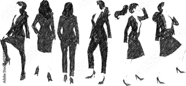 Fototapeta オフィスで仕事をする女性たちのイラストセット(モノクロ)