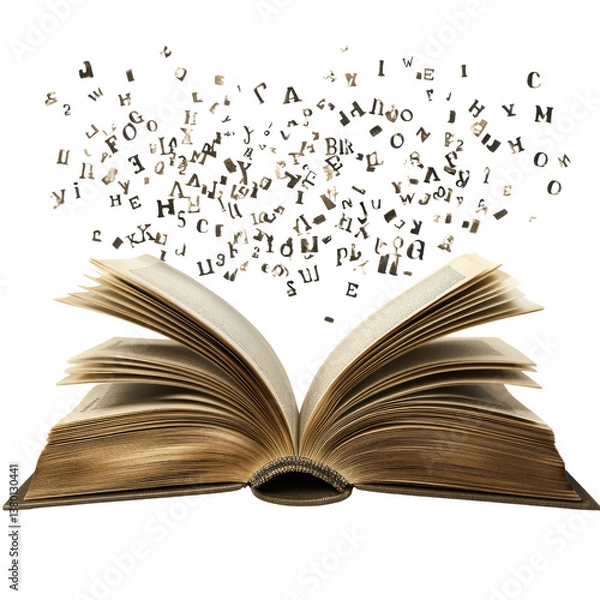Fototapeta An open book releasing a flurry of words, a burst of knowledge and imagination taking flight from its aged, yellowed pages.