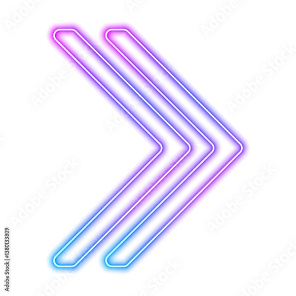 Fototapeta Glowing neon sign of movement, speed, outline arrow pointer silhouette on white background PNG. Retro sign with bright neon arrows in pink, blue, purple and blue.	