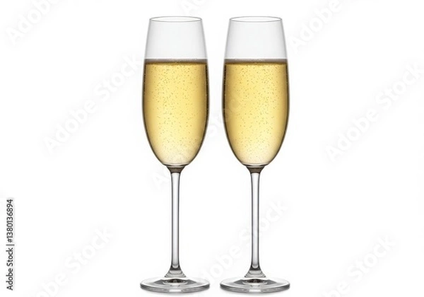 Fototapeta Two champagne flutes filled with sparkling wine on a white background in a studio shot setting