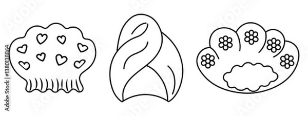 Fototapeta Set of hair caps. Turban, shower cap with flowers and hearts. Sketch. Vector illustration. Outline on isolated white background. Doodle style. Coloring for children. Idea for web design.