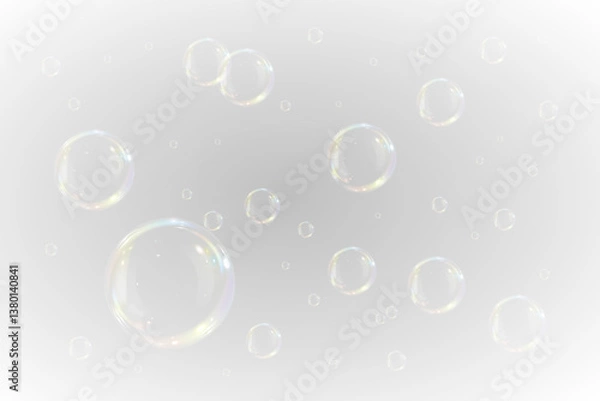 Fototapeta Realistic soap bubble vector illustration featuring a transparent, three-dimensional glossy ball. Clean and colourful with a rainbow shine, perfect for backgrounds, beauty products, or PNG overlays.