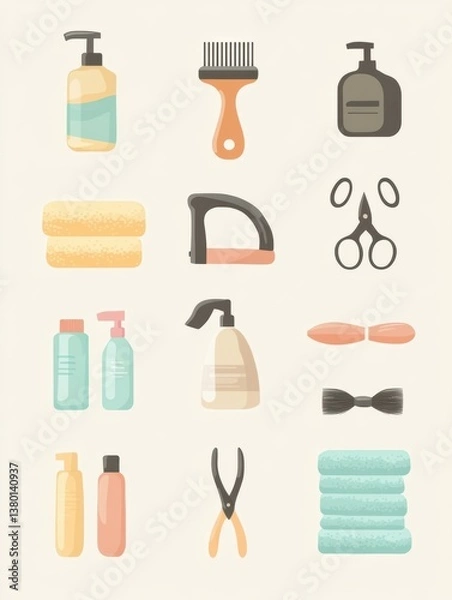 Fototapeta Collection of essential pet grooming products including brushes, scissors, and shampoo arranged on a clean background for easy viewing and selection
