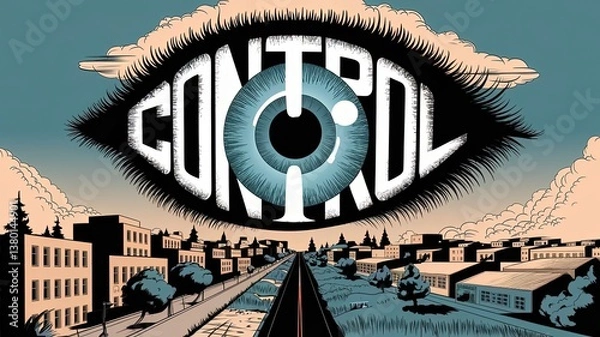 Fototapeta Ominous Surveillance: An artistic depiction of a watchful eye overseeing a cityscape, symbolizing surveillance and control.