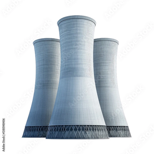 Fototapeta Three towering cooling towers stand tall against a bright, clear sky, a symbol of industrial power and energy production, showcasing a clean, minimalist aesthetic.