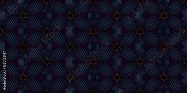 Fototapeta Colorful vector geometric seamless pattern with floral silhouette, curved lines. Repetitive texture.
