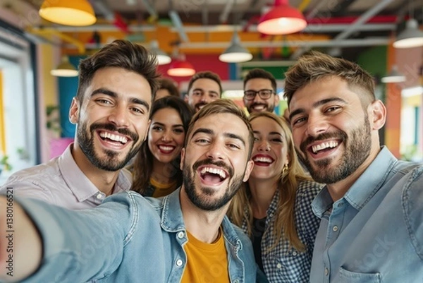Fototapeta Selfie et groupe de personnes d’affaires au bureau prenant des photos pour les réseaux sociaux. Portrait de diversité, collaboration et amis heureux, hommes et femmes riant et prenant une photo