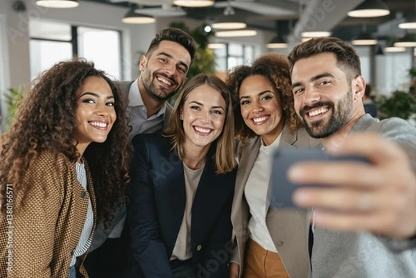 Fototapeta Selfie et groupe de personnes d’affaires au bureau prenant des photos pour les réseaux sociaux. Portrait de diversité, collaboration et amis heureux, hommes et femmes riant et prenant une photo