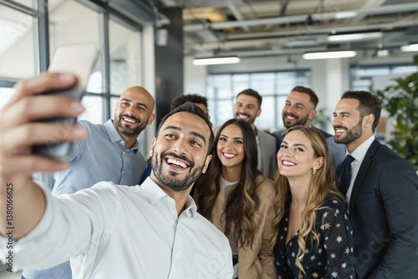 Fototapeta Selfie et groupe de personnes d’affaires au bureau prenant des photos pour les réseaux sociaux. Portrait de diversité, collaboration et amis heureux, hommes et femmes riant et prenant une photo