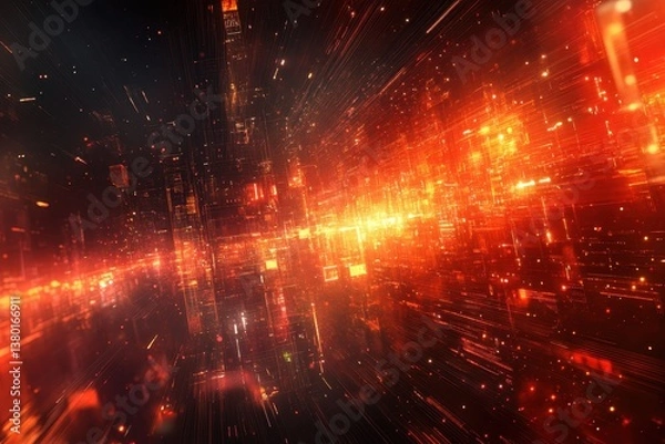 Fototapeta Dynamic abstract representation of digital data flow in vibrant red and orange tones
