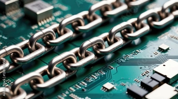 Obraz Close-up of metal chain laying on hi-tech circuit board. Data loss prevention security framework protecting sensitive data against breaches on corporate network. Cyber security abstract background