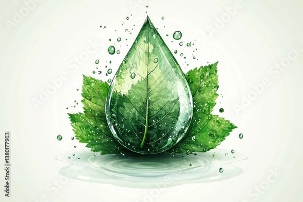 Obraz Vibrant watercolor-style illustration of a green and yellow leaf splashing into water with dynamic droplets on white background Generative AI