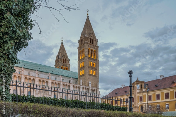 Fototapeta illuminated bell tower at Sts. Peter and Paul's Cathedral
