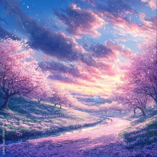 Obraz A serene landscape depicting blooming cherry blossom trees along a tranquil river during sunset, with vibrant colors illuminating the sky and creating a peaceful atmosphere