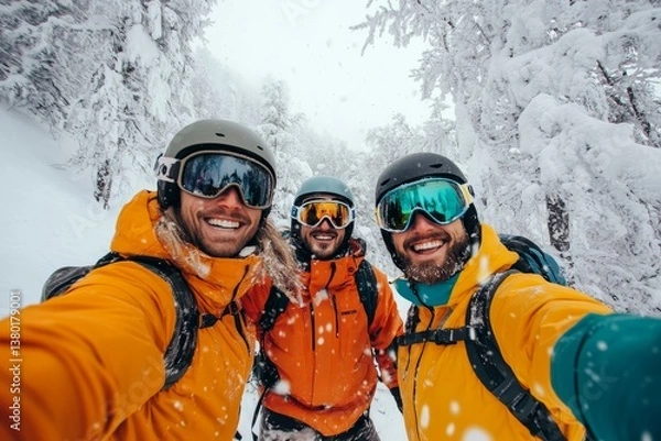 Fototapeta Skiing friends selfie lifestyle. Generative AI