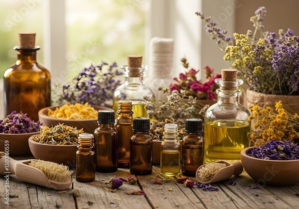 Fototapeta Aromatherapy Oils and Dried Flowers Relaxation, Spa, Wellness, Herbs, Essential Oils, Natural Remedies, Calmness, Botanical Decor.