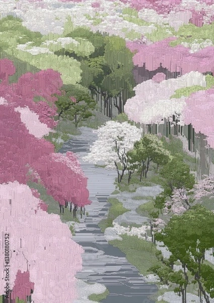 Obraz A serene landscape showcasing a vibrant river flowing through a lush valley adorned with blooming cherry blossom trees in various shades of pink and white, surrounded by green foliage