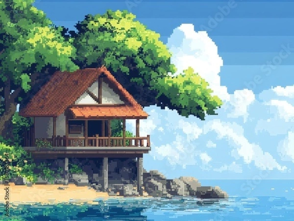 Obraz A serene pixel art depiction of a cozy beach house nestled among lush greenery, overlooking a tranquil sea under a clear blue sky, ideal for relaxation or vacation themes
