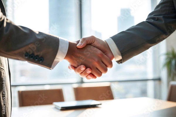 Fototapeta Business Handshake , Close-up of two people in suits shaking hands.  Focus on business, agreement, and partnership.  Indoor shot in an office setting.