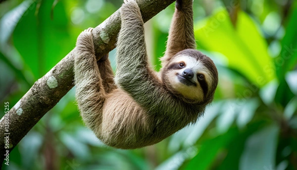 Fototapeta Cute Sloth Hanging Upside Down on Tree Branch