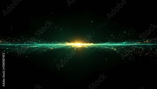 Fototapeta Emerald and gold light streaks illuminate a dark, cosmic background.  A mesmerizing display of energy and light.