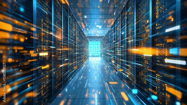 Fototapeta Modern data center interior with glowing server racks, illuminated by blue and white lights in a clean and high-tech environment, captured in a wide-angle view.