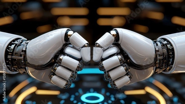 Fototapeta Futuristic Robot Hands Meeting in a Symbolic Gesture of Collaboration and Efficiency in Artificial Intelligence Technology