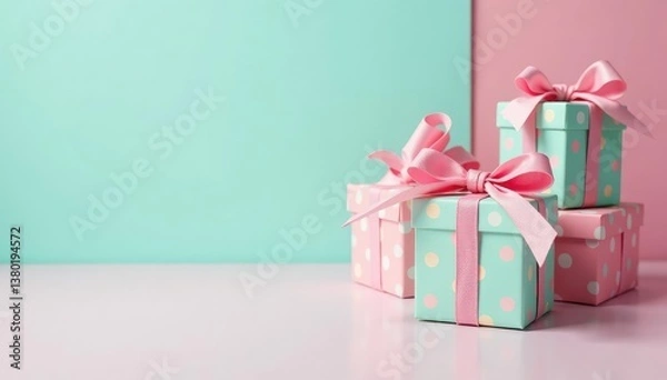 Obraz Pastel colored gift boxes with polka dots, playful pattern, festive, pattern