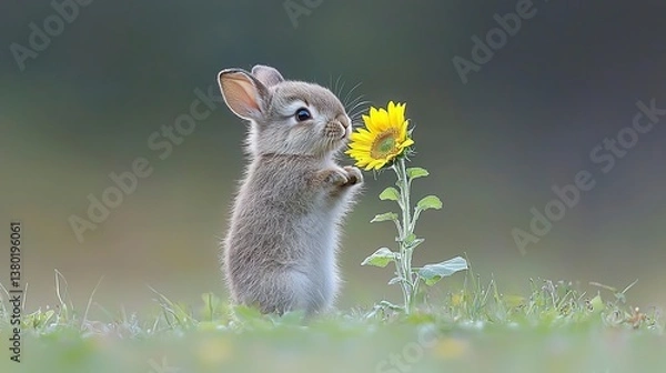 Fototapeta A small rabbit sniffing and admiring a beautiful yellow sunflower